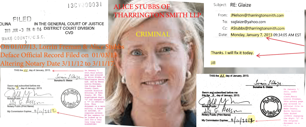 Lawyer, Alice Stubbs of Tharrington Smith, LLP EXPOSED! Wake County Court, North Carolina, Kristin Ruth and Michael Denning of Smith Debnam Narron Drake Saintsing and Myers, LLP, Lorrin Freeman, Alicia Jurney, A.T. Debnam, W. Thurston Debnam, Len C. Mueller