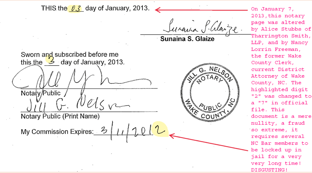 Tharrington Smith LLP, Alice Stubbs EXPOSED FOR FORGERY AND ALTERATION OF OFFICIAL COURT RECORDS IN WAKE COUNTY COURT CORRUPTION AND SCAM 13CVD31