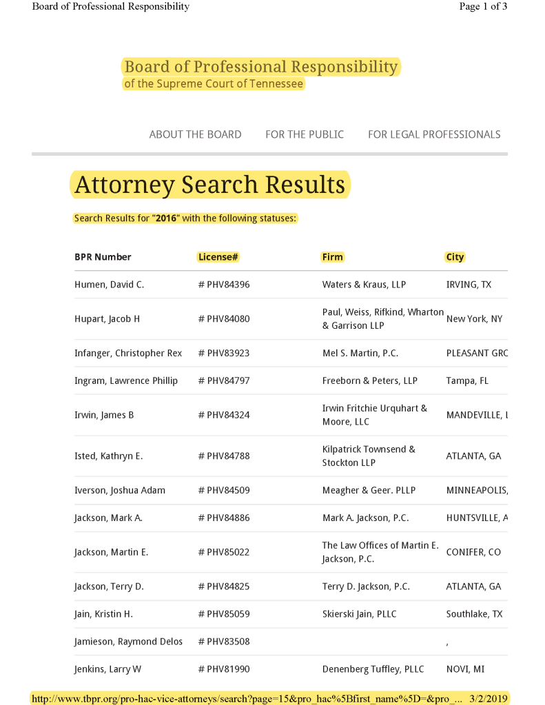 PRO HAC VICE Supreme Court RULE 19 FRAUD - TN JUDGE GREG S. MCMILLAN OF KNOX COUNTY 4TH CIRCUIT COURT DIVISION IV